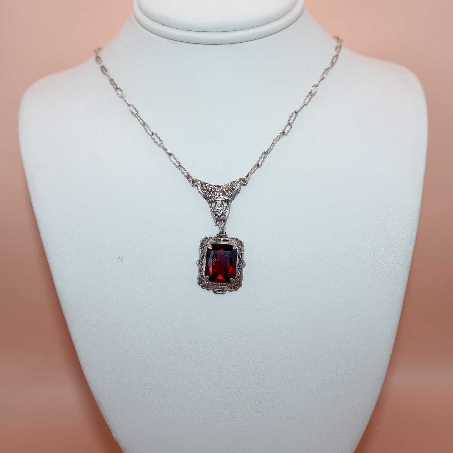 Vintage Art Deco Sterling Silver Filigree Necklace with Lab Ruby