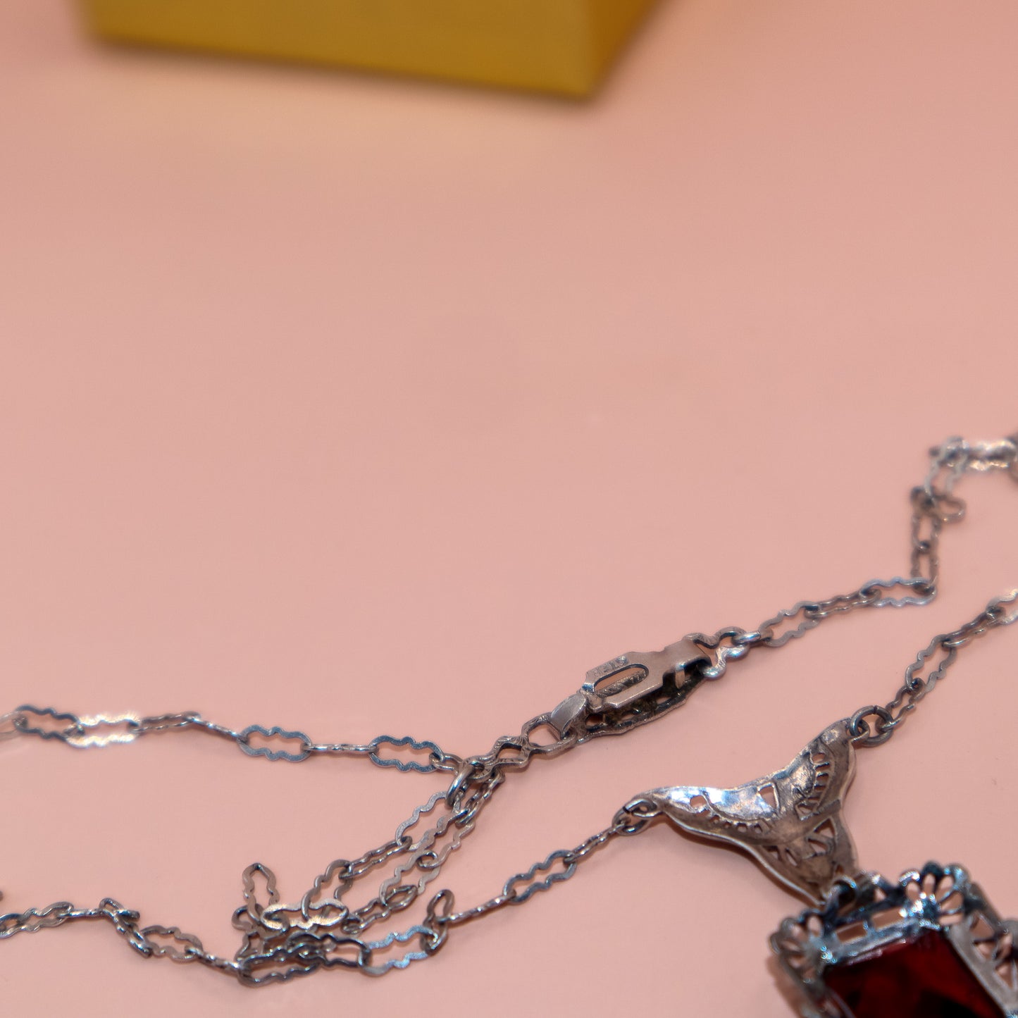 Vintage Art Deco Sterling Silver Filigree Necklace with Lab Ruby