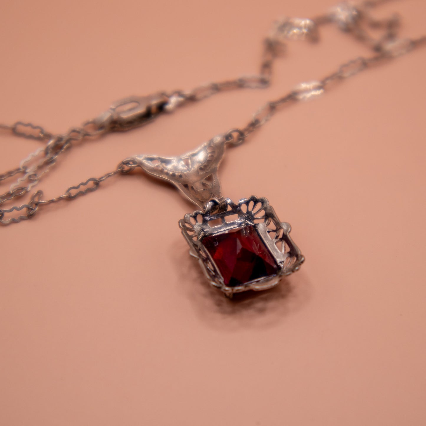 Vintage Art Deco Sterling Silver Filigree Necklace with Lab Ruby