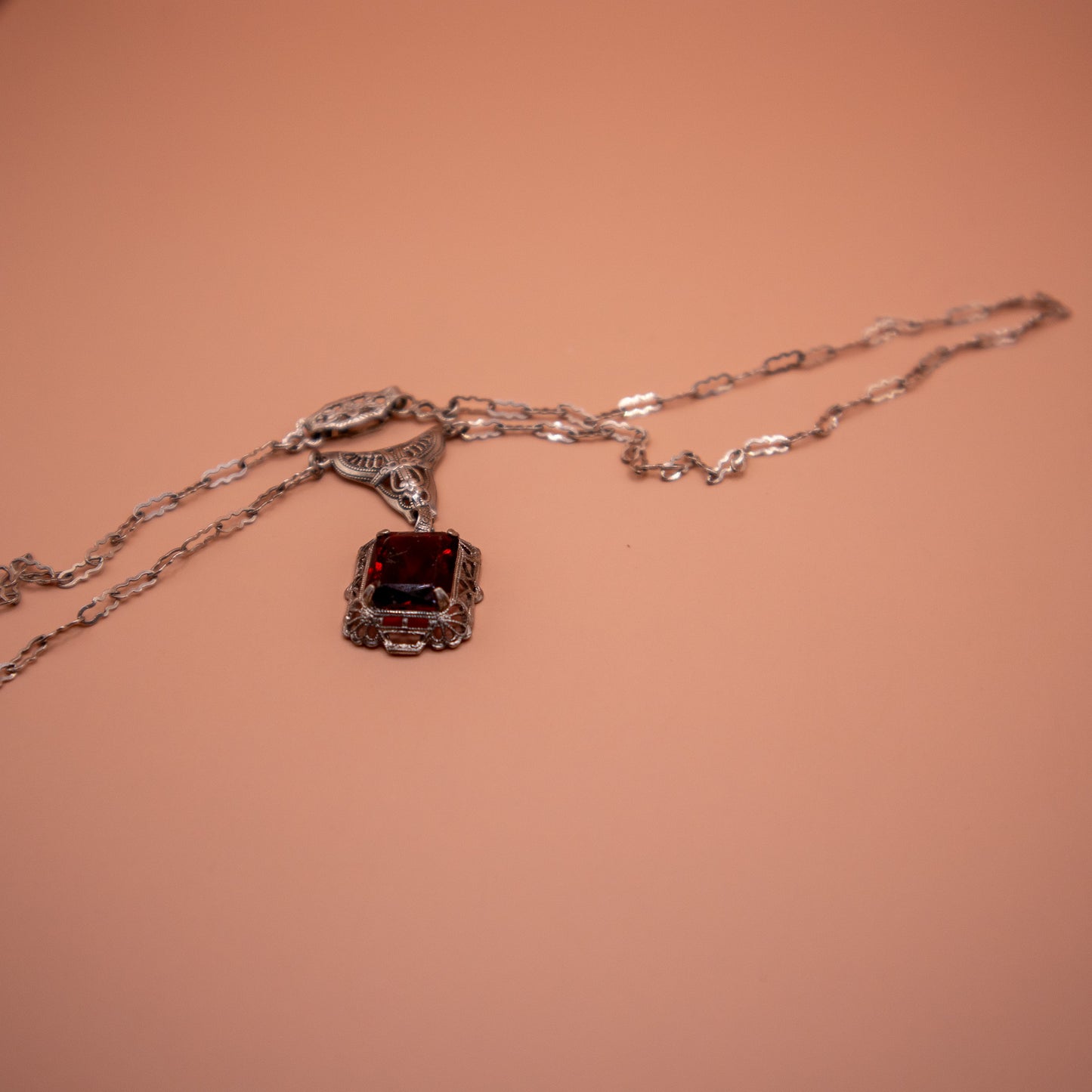 Vintage Art Deco Sterling Silver Filigree Necklace with Lab Ruby