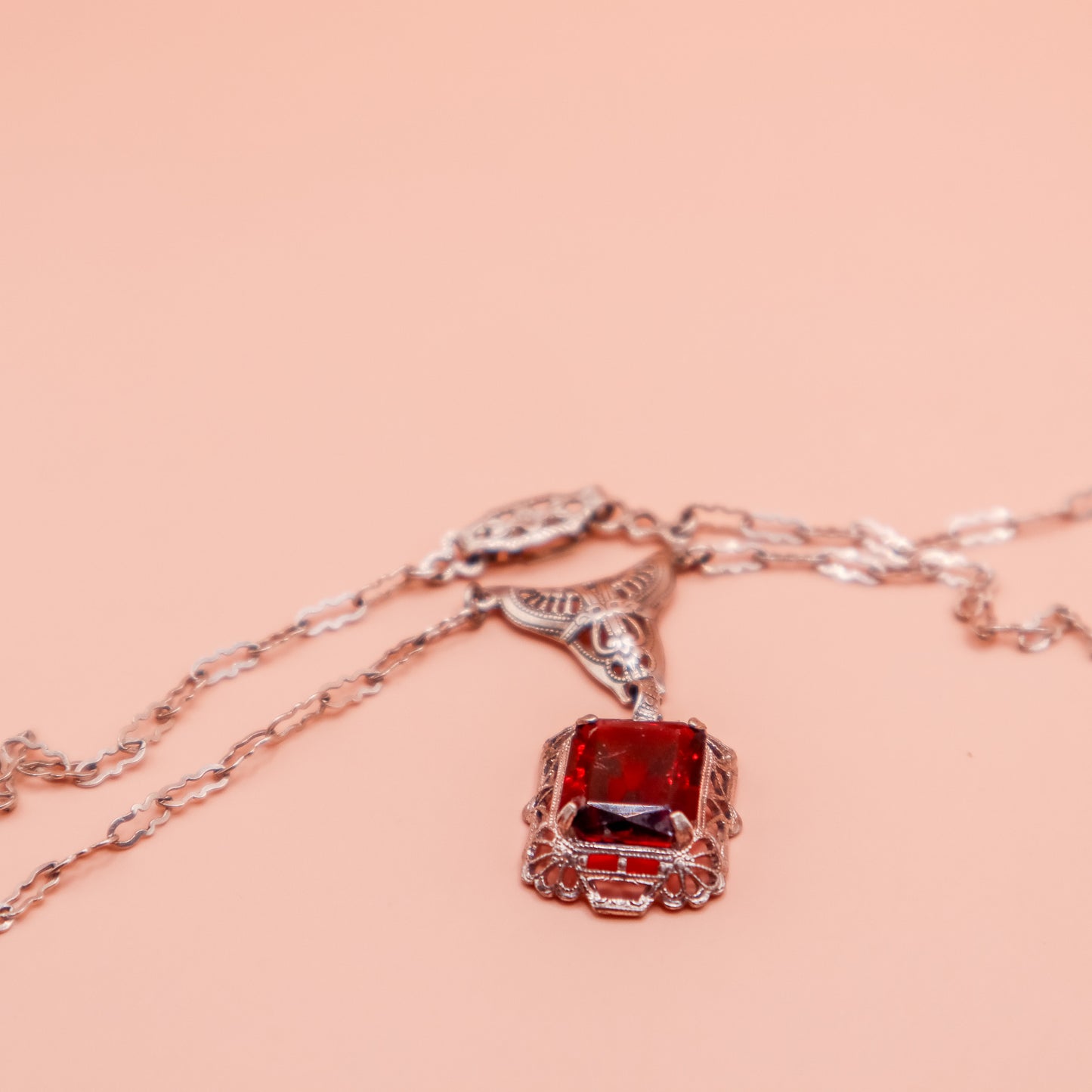 Vintage Art Deco Sterling Silver Filigree Necklace with Lab Ruby
