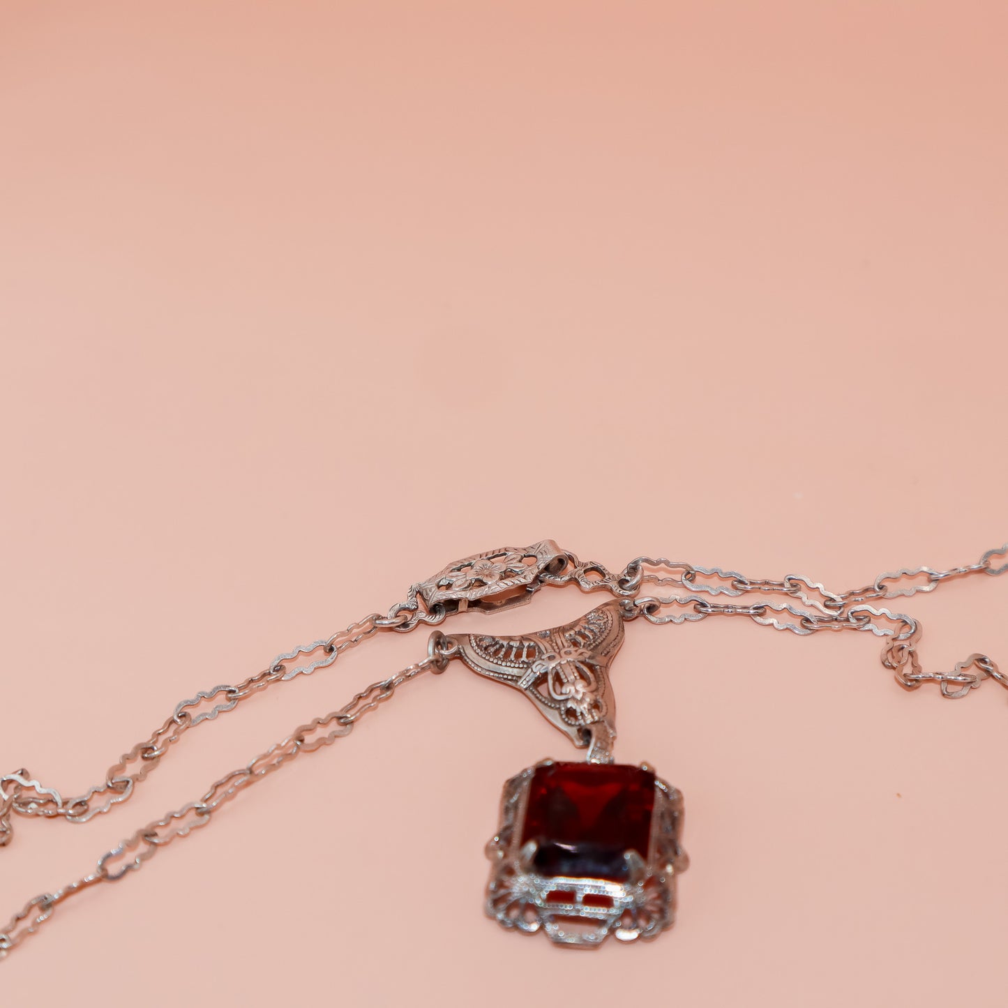 Vintage Art Deco Sterling Silver Filigree Necklace with Lab Ruby