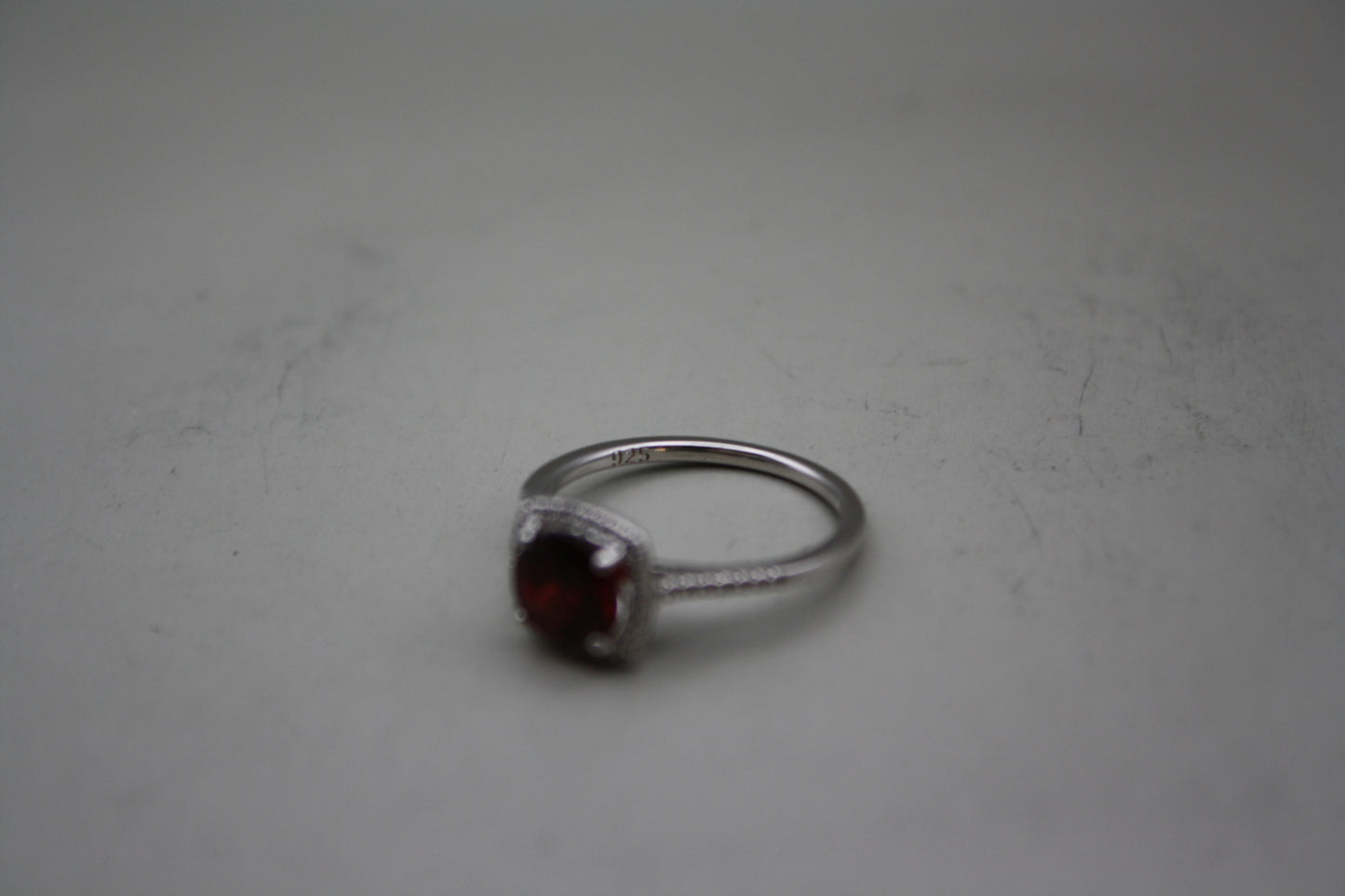 Sterling Silver Cushion Cut Garnet Ring with Diamond Accents
