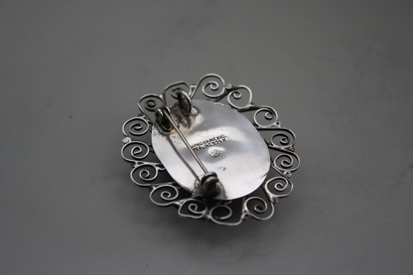 Large Vintage Mexican Sterling Silver Green Onyx Brooch/Pendant with Filigree Design