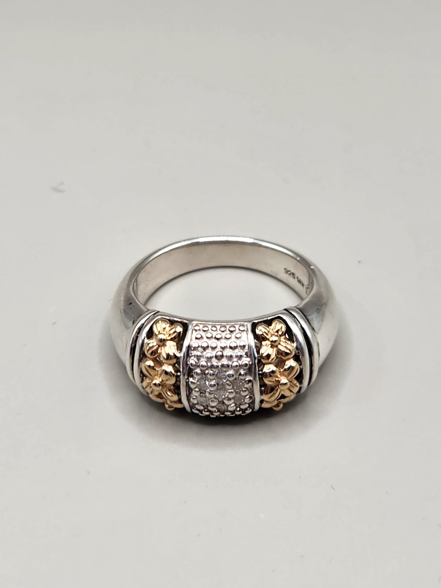 Gabrielle Bruni Sterling Silver & 14k Gold Pave Diamond Ring w/ Floral Accents