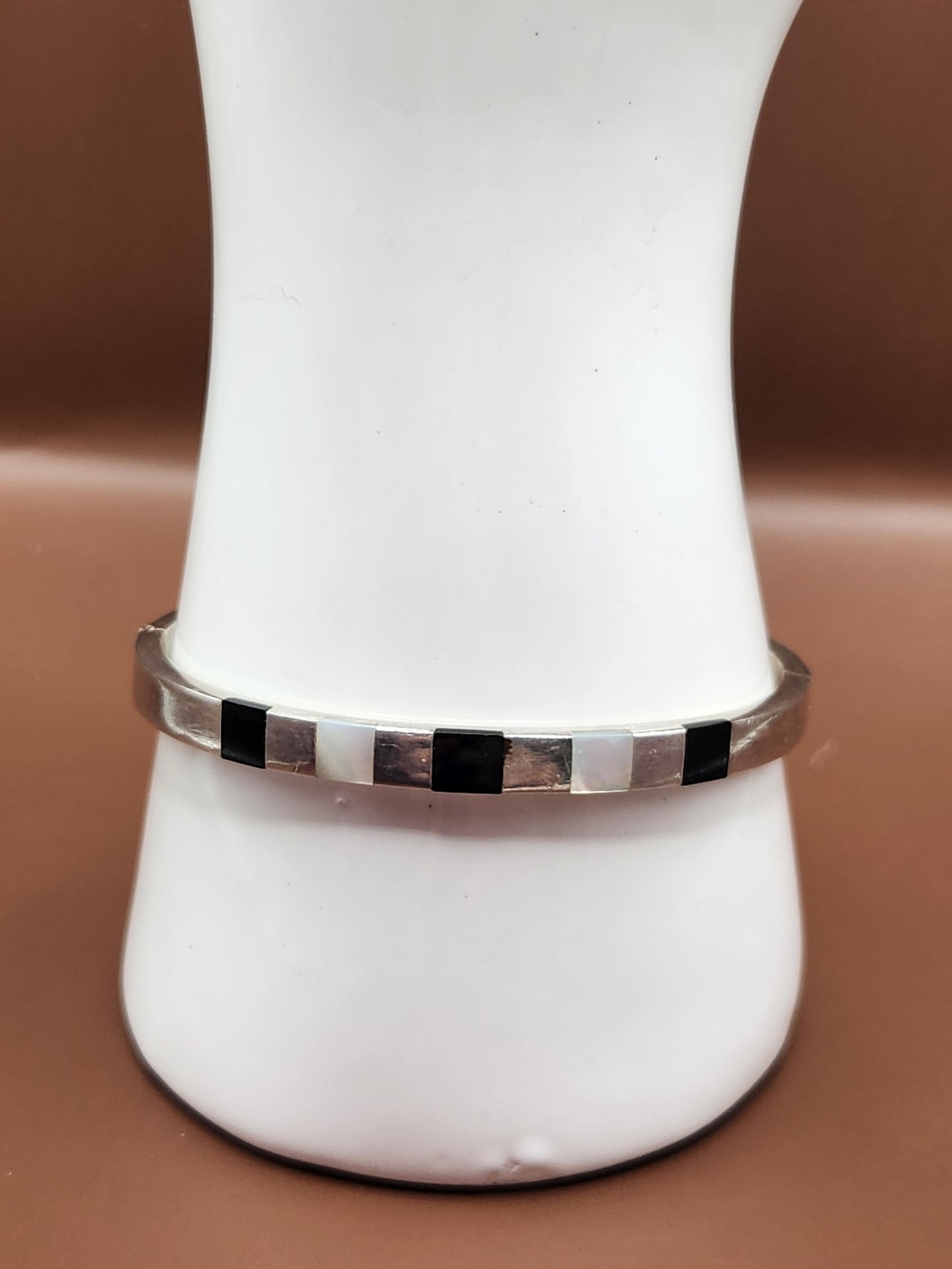 Vintage Sterling Silver Black Onyx & Mother of Pearl Bangle 925HAN