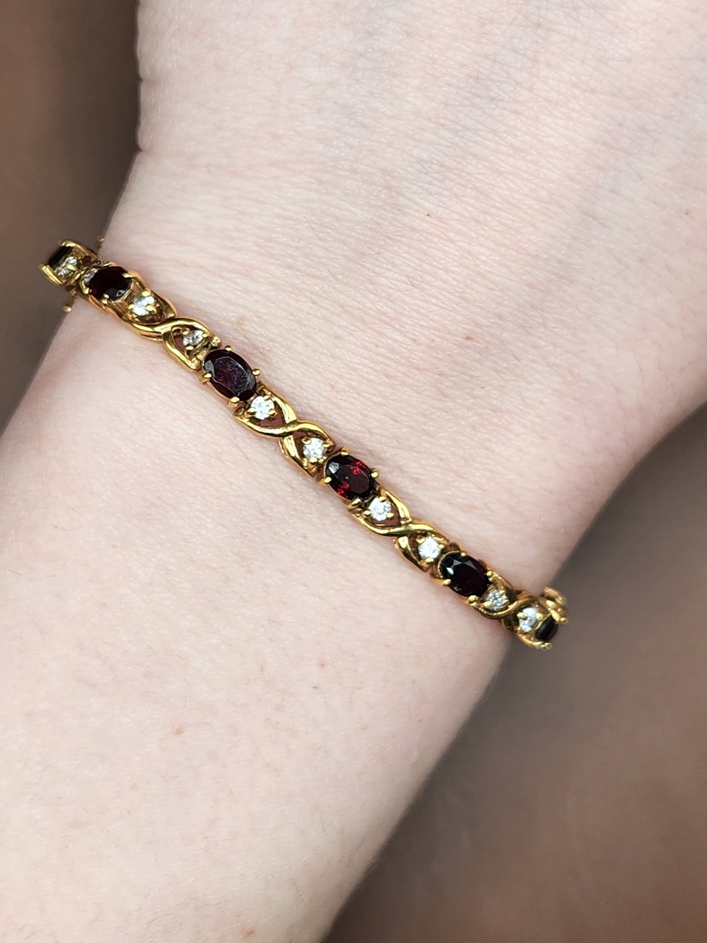 Gold Plated Sterling Silver Tennis Bracelet w/ Synthetic Garnets & CZs