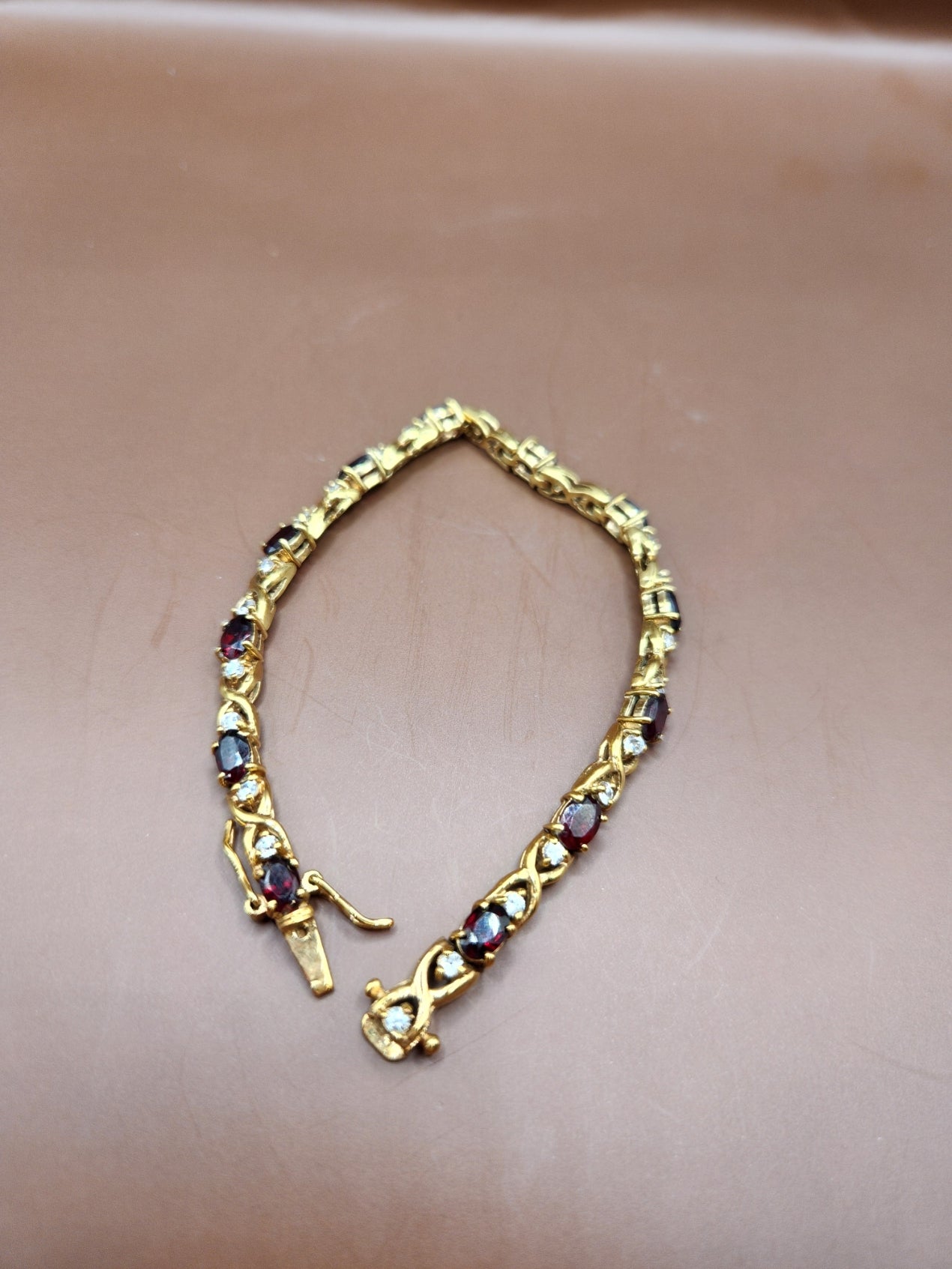 Gold Plated Sterling Silver Tennis Bracelet w/ Synthetic Garnets & CZs