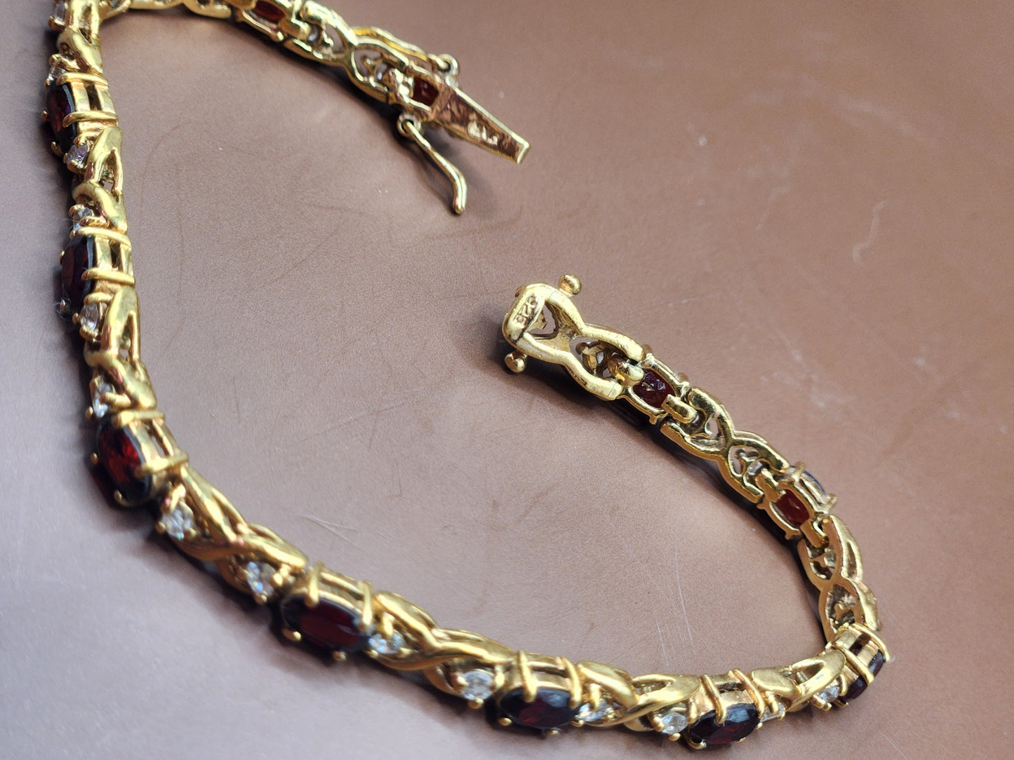 Gold Plated Sterling Silver Tennis Bracelet w/ Synthetic Garnets & CZs