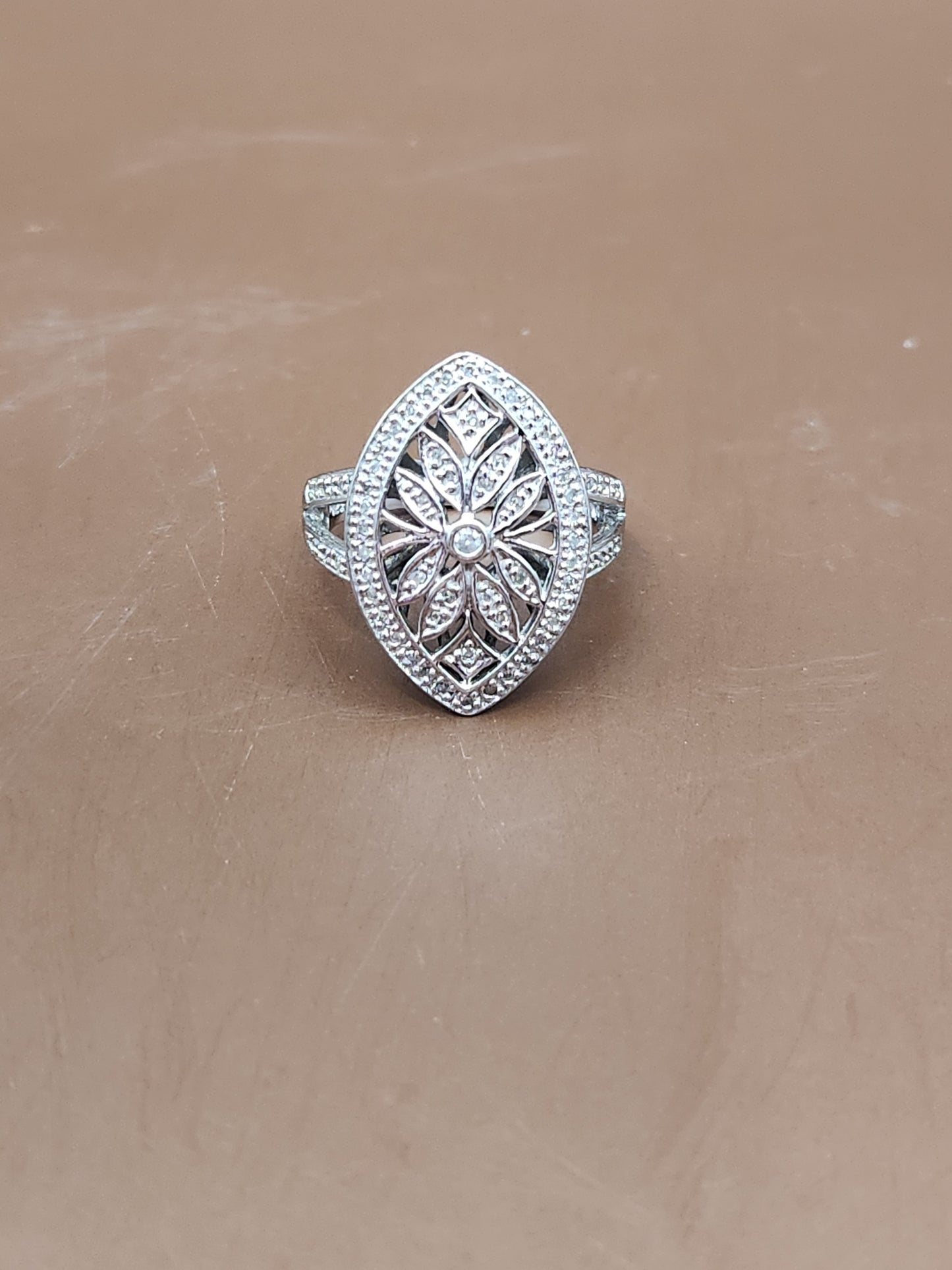 Sterling Silver Art Deco Filigree Diamond Ring ~0.25 Carats SZ 7 1/4