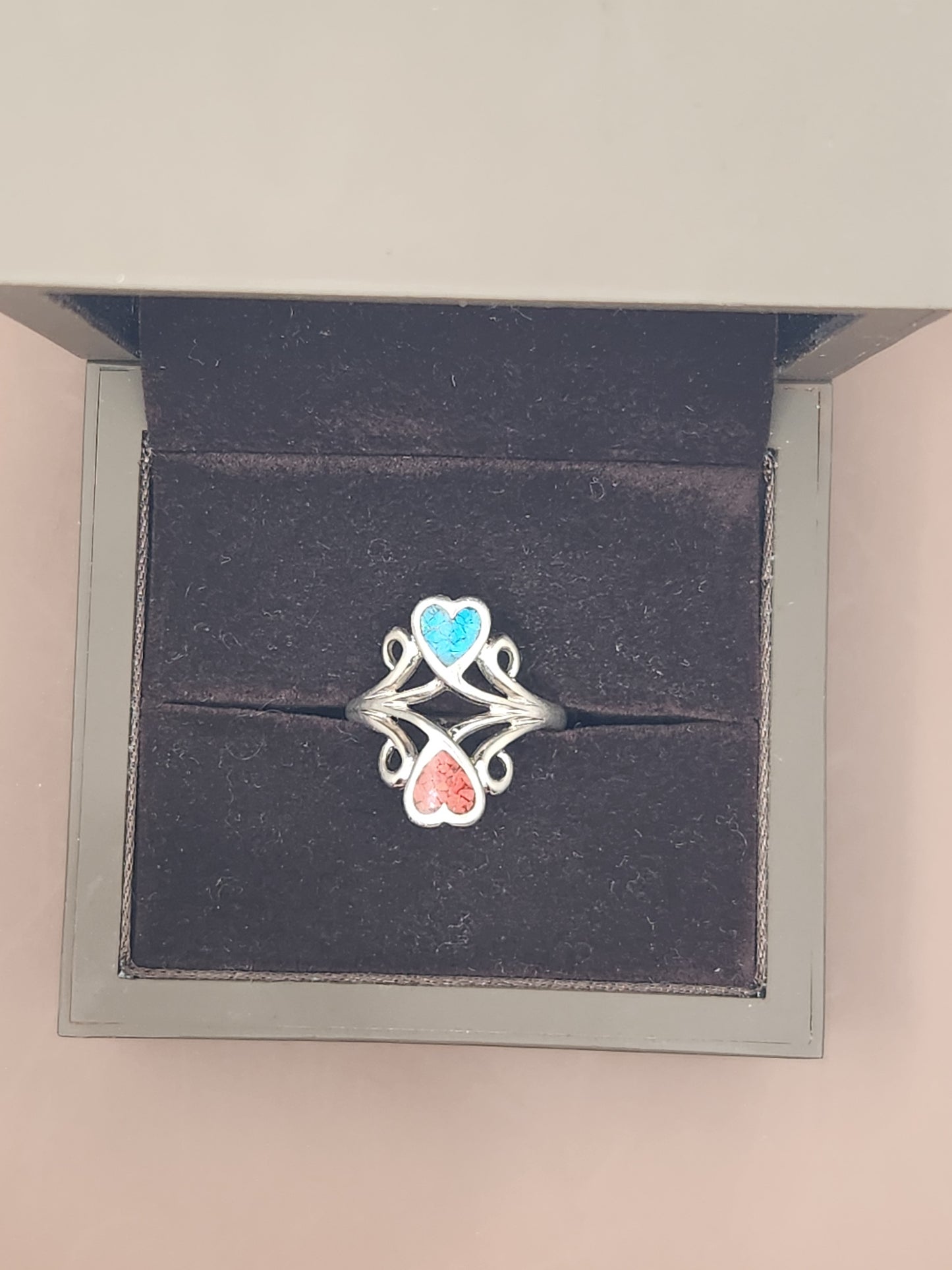 Vintage Sterling Silver Red and Blue Turquoise Chip Heart Ring Size 7