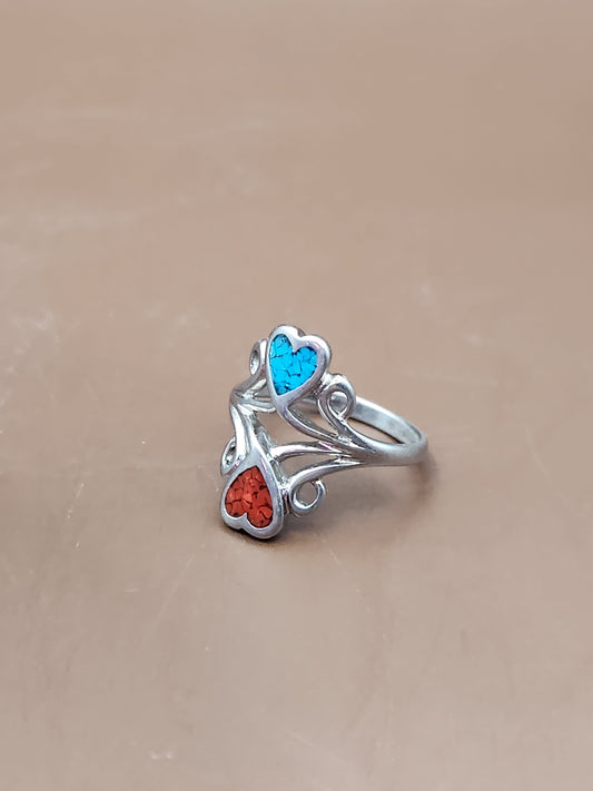 Vintage Sterling Silver Red and Blue Turquoise Chip Heart Ring Size 7