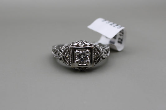 Vintage Filigree 14K White Gold Diamond Engagement Ring