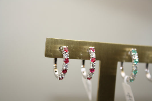 14K White Gold Ruby and Diamond Huggie Hoop Earrings