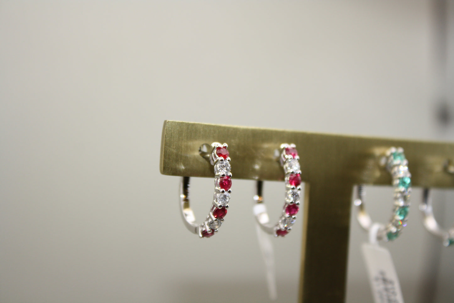 14K White Gold Ruby and Diamond Huggie Hoop Earrings