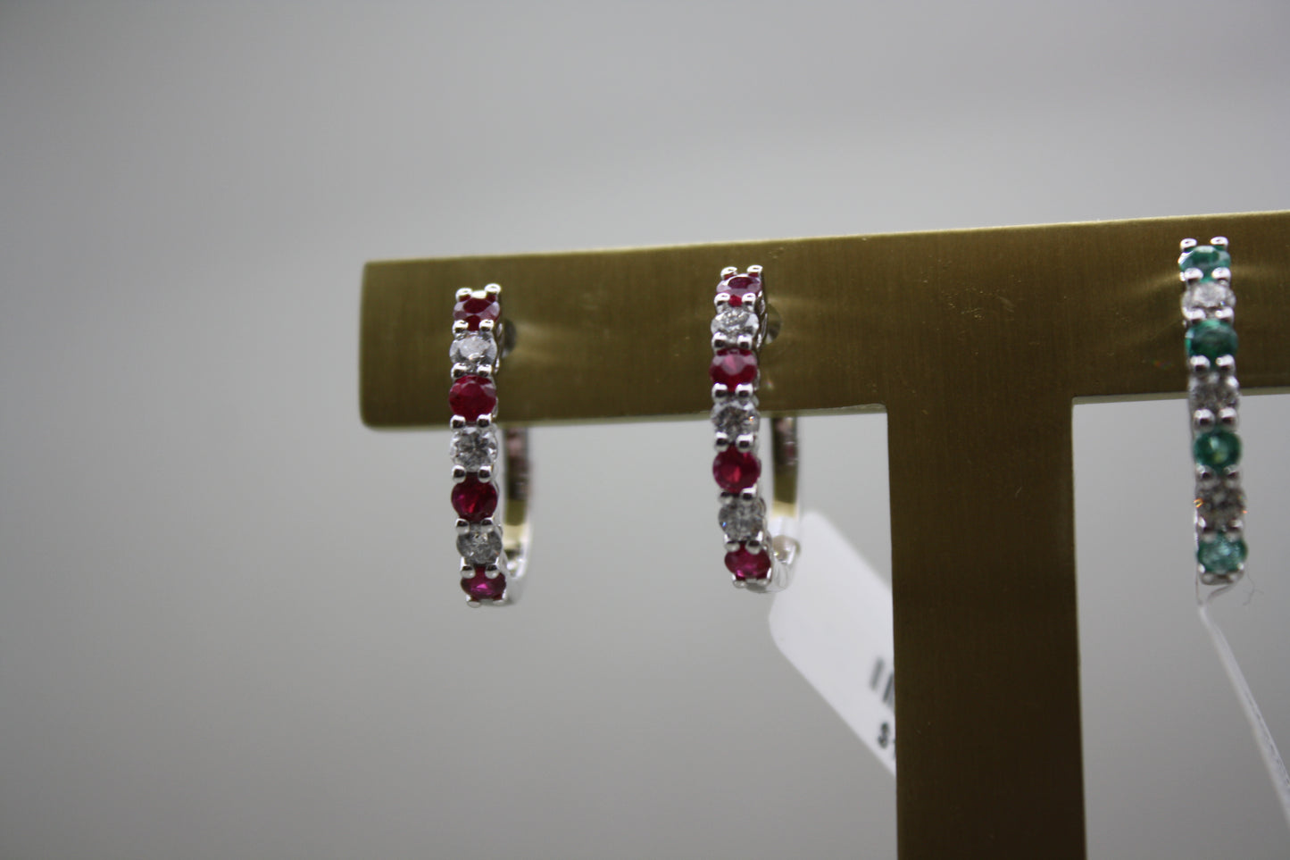 14K White Gold Ruby and Diamond Huggie Hoop Earrings