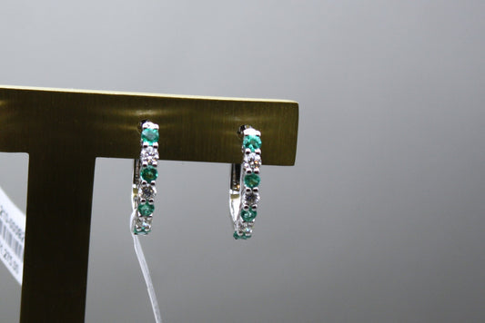 14K White Gold Emerald and Diamond Huggie Hoop Earrings