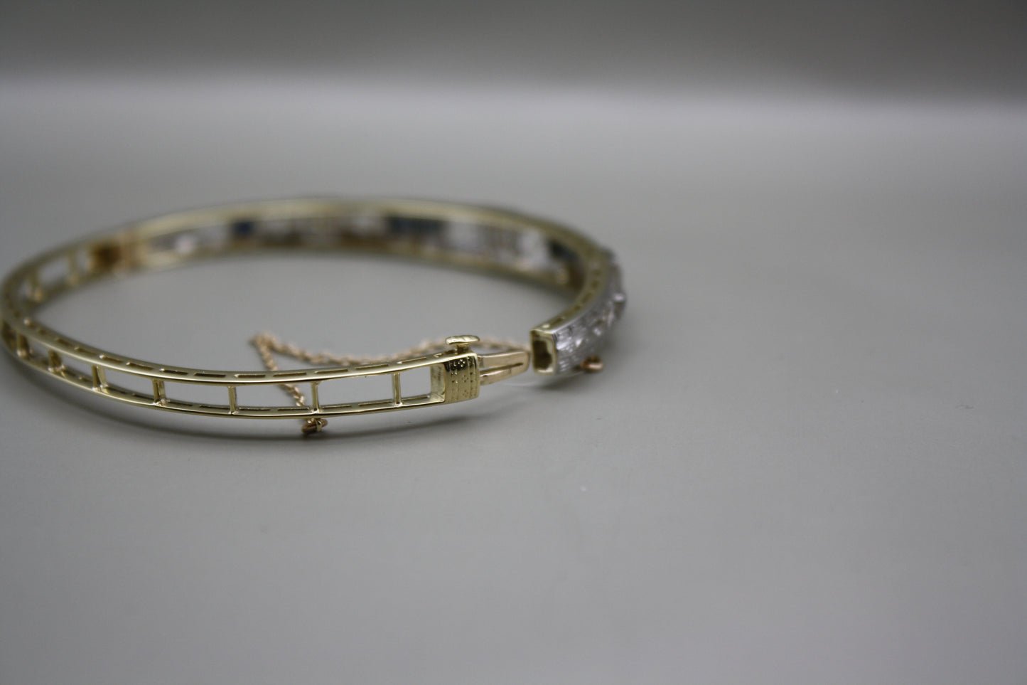 Antique 14K Yellow Gold Filigree Bangle With Old Mine Cut Diamonds and Sapphires