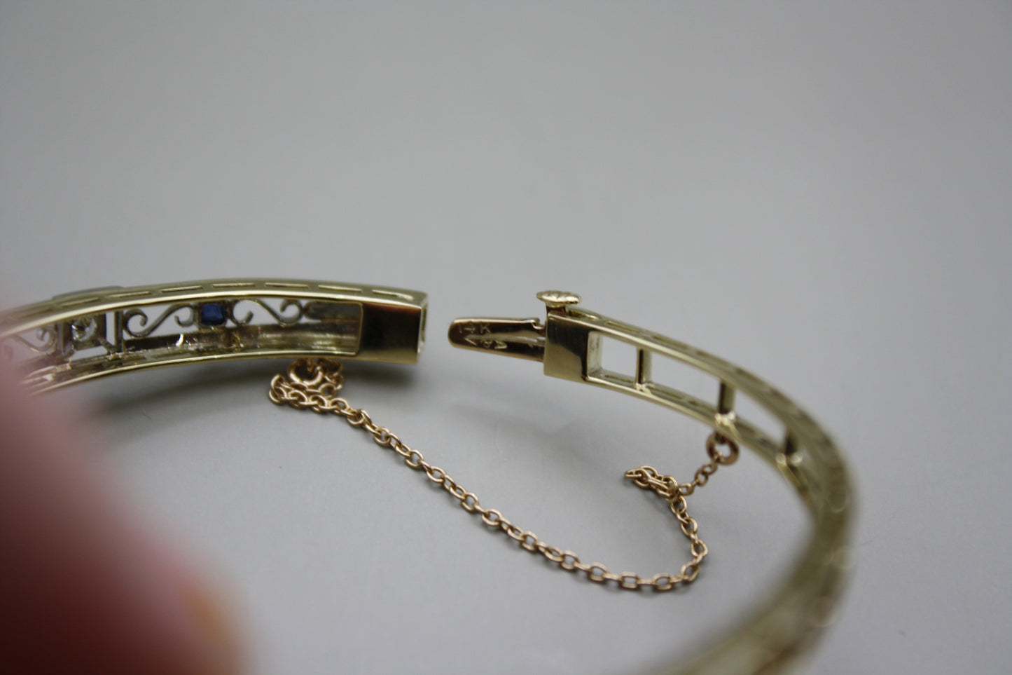 Antique 14K Yellow Gold Filigree Bangle With Old Mine Cut Diamonds and Sapphires