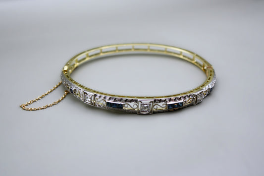 Antique 14K Yellow Gold Filigree Bangle With Old Mine Cut Diamonds and Sapphires