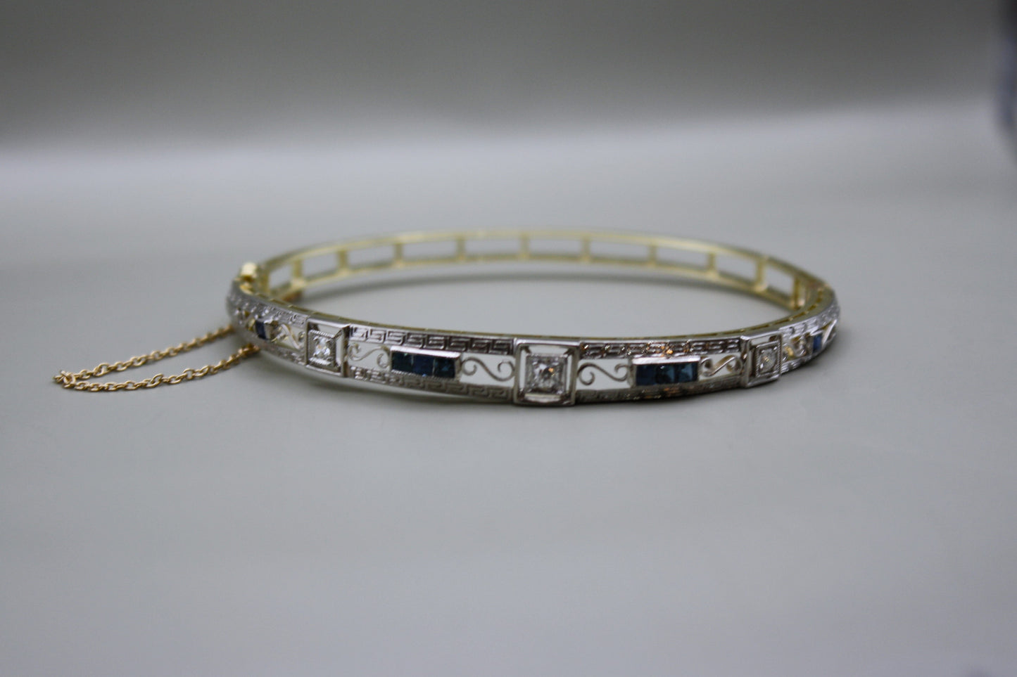 Antique 14K Yellow Gold Filigree Bangle With Old Mine Cut Diamonds and Sapphires