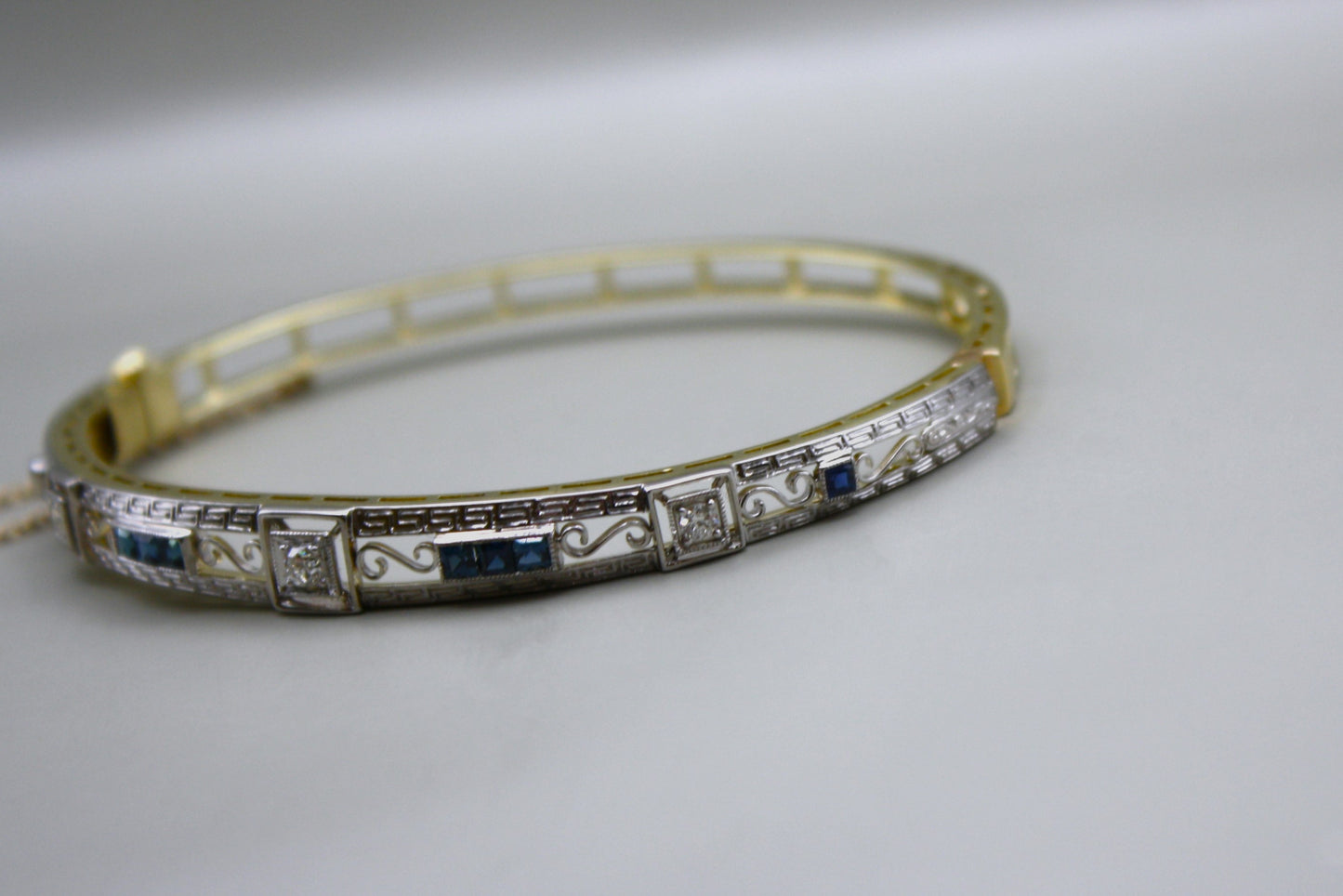 Antique 14K Yellow Gold Filigree Bangle With Old Mine Cut Diamonds and Sapphires