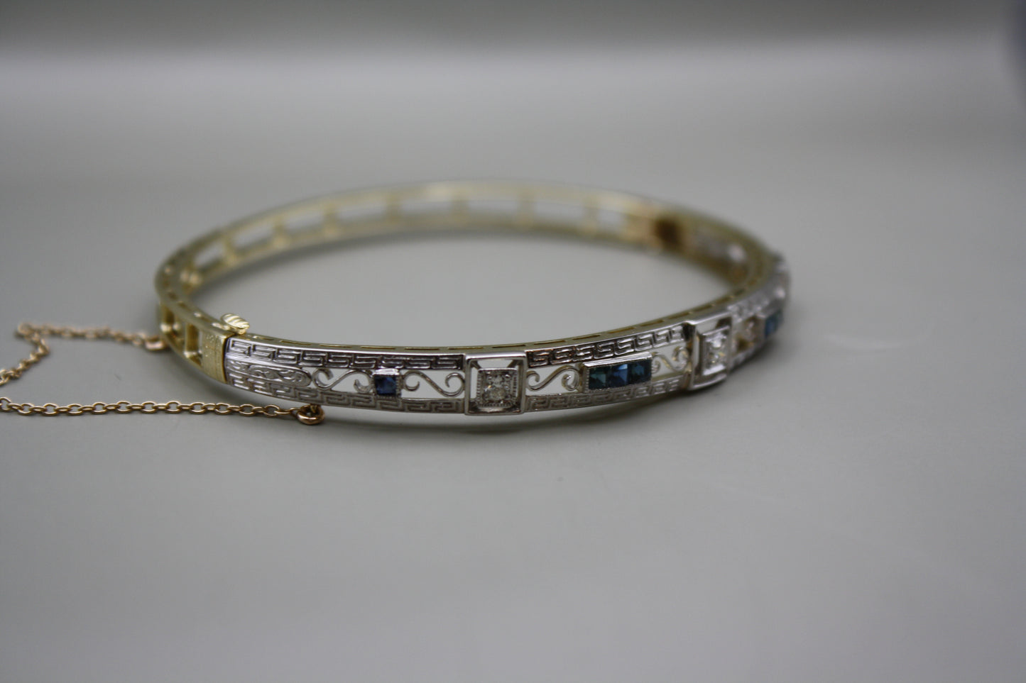 Antique 14K Yellow Gold Filigree Bangle With Old Mine Cut Diamonds and Sapphires