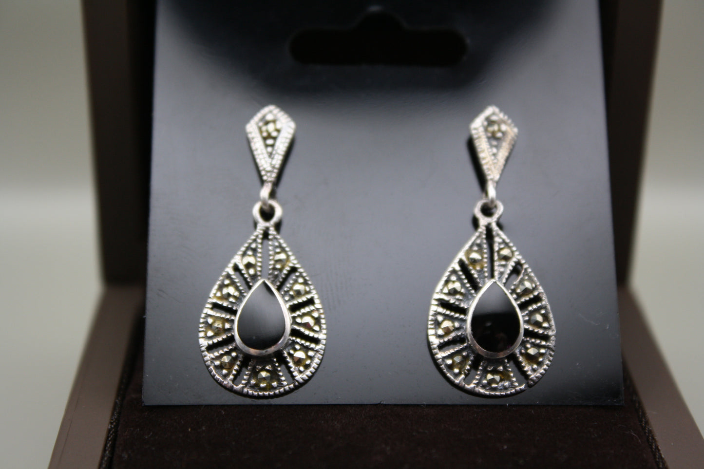 Marcasite & Onyx Sterling Silver Drop Earrings