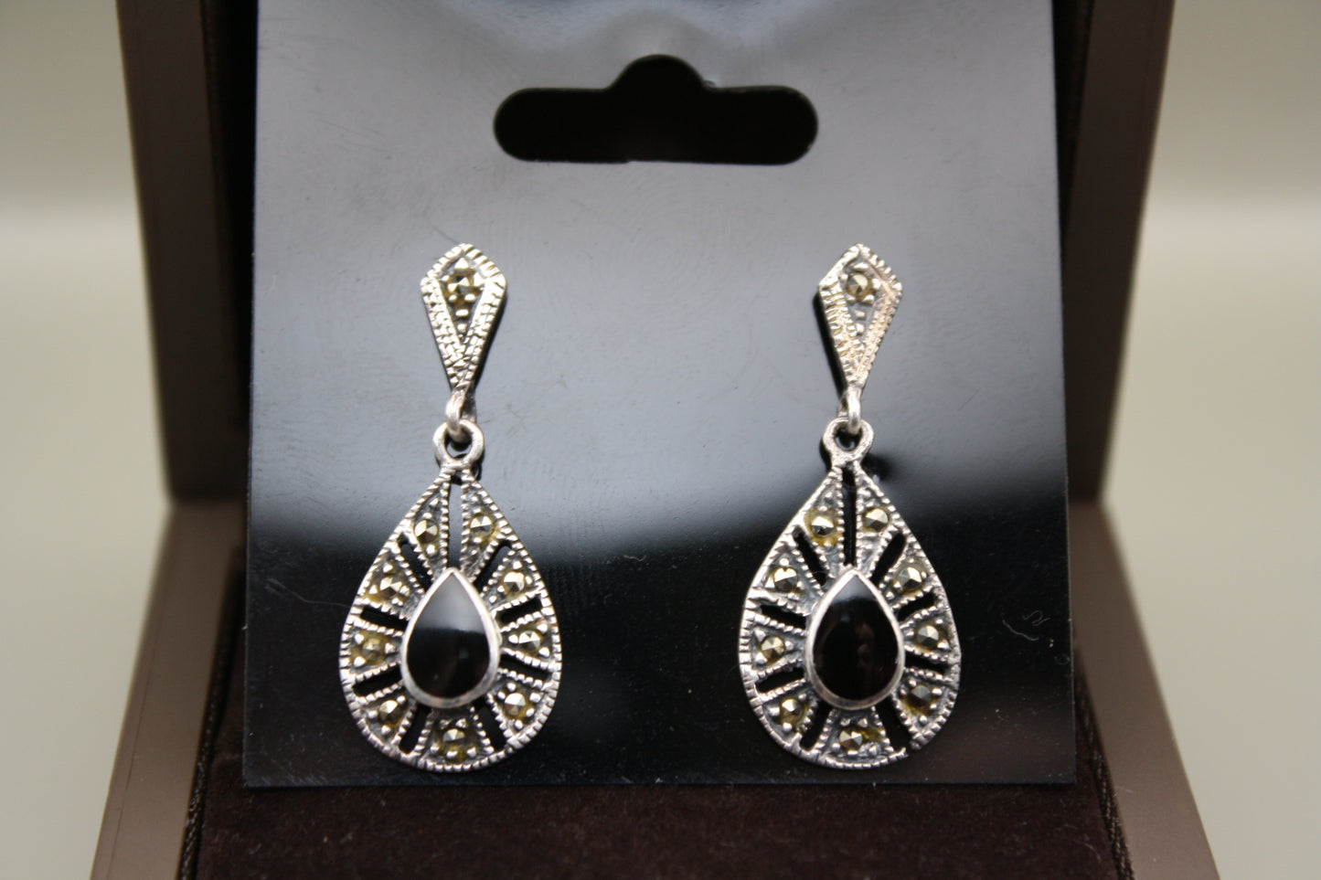 Marcasite & Onyx Sterling Silver Drop Earrings