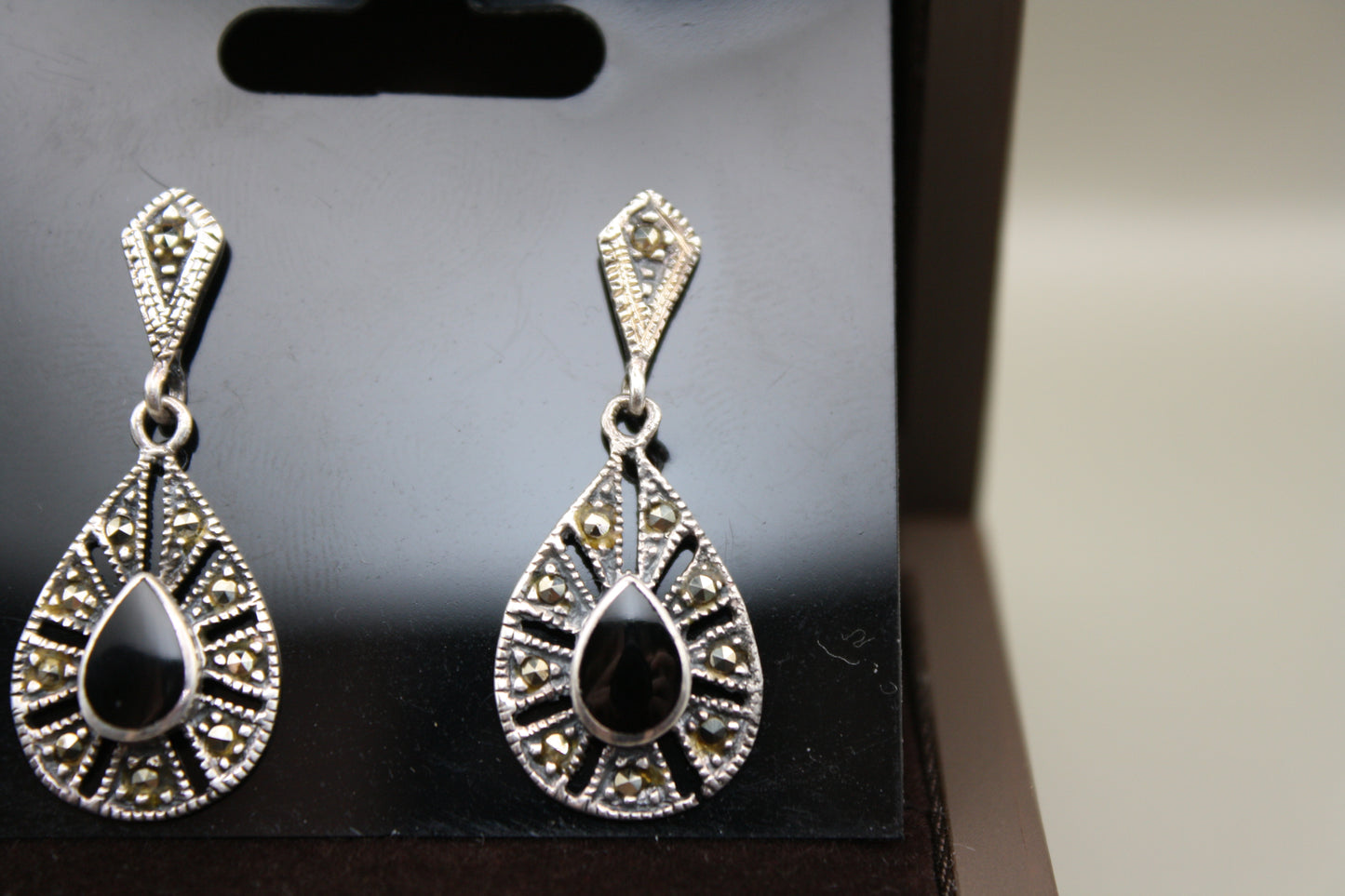 Marcasite & Onyx Sterling Silver Drop Earrings