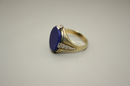 14K Yellow Gold Lapis Lazuli Signet Ring with White Gold Floral Accents