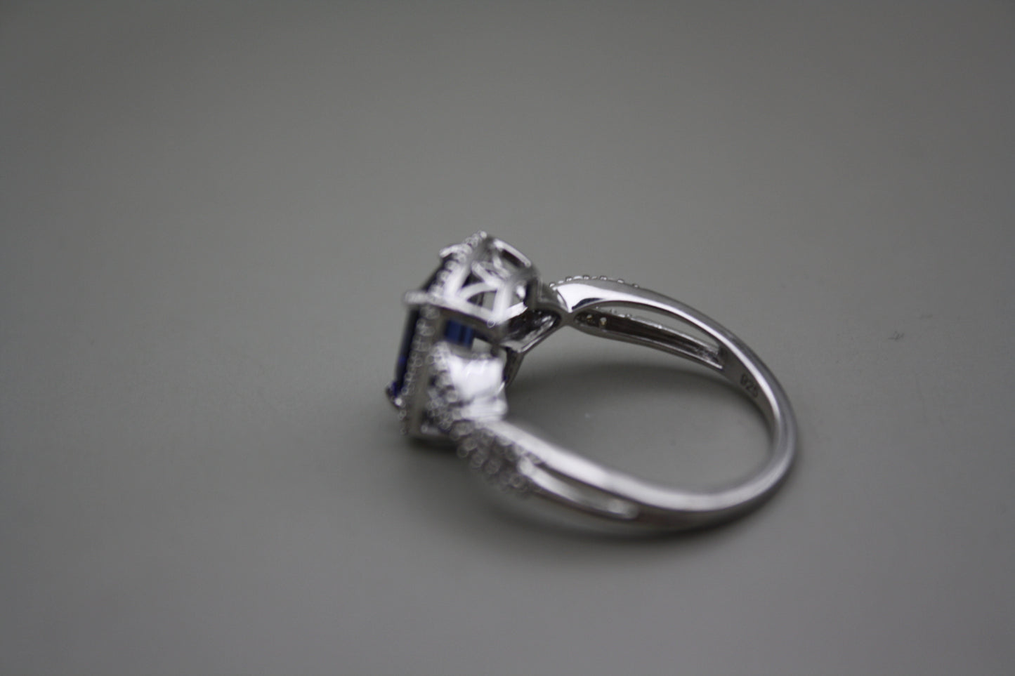 Emerald Cut Lab Sapphire Halo Ring in Sterling Silver
