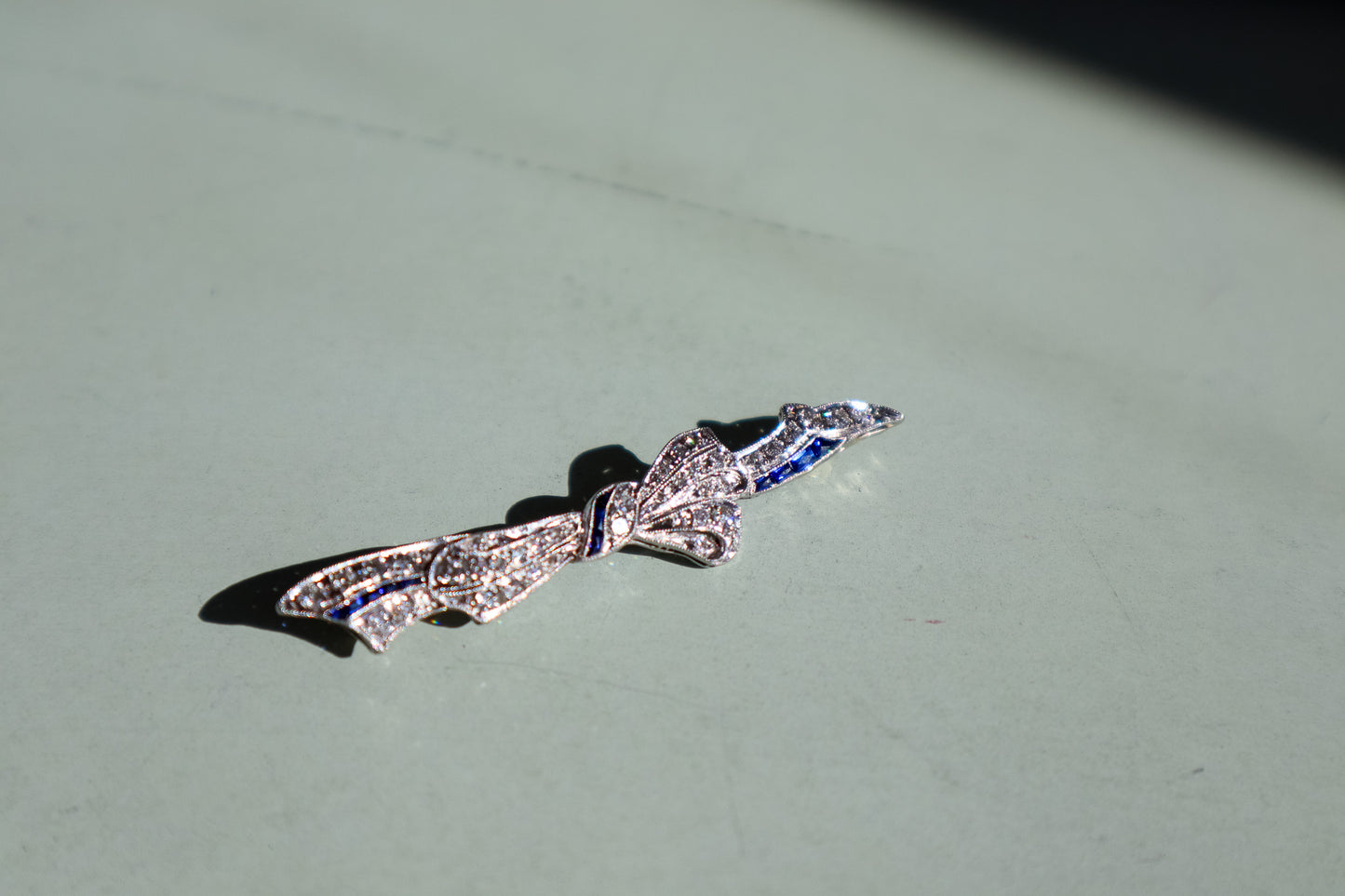 Exquisite Antique Art Deco Diamond & Sapphire Bow Brooch