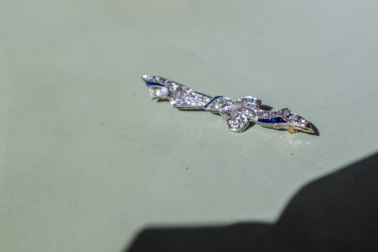 Exquisite Antique Art Deco Diamond & Sapphire Bow Brooch