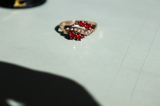 Victorian 10K Yellow Gold Ruby and Seed Pearl Ring