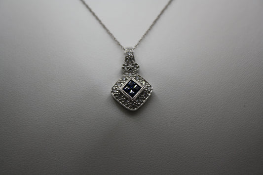 Blue Sapphire and Diamond Halo Necklace in 14K White Gold