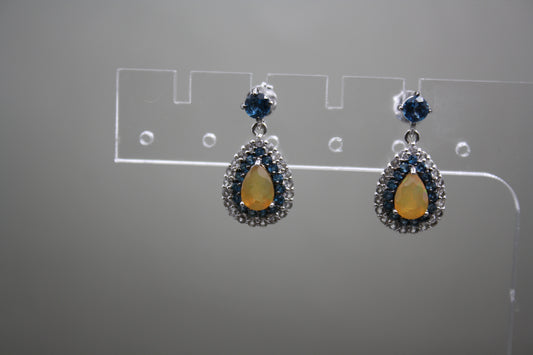 Sterling Silver Ethiopian Opal Drop Earrings with Sapphire Halos