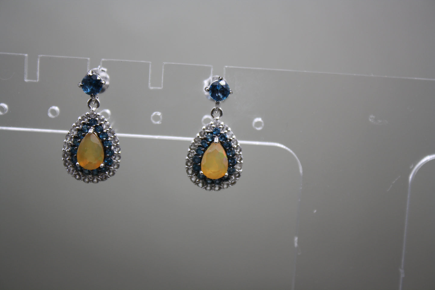 Sterling Silver Ethiopian Opal Drop Earrings with Sapphire Halos