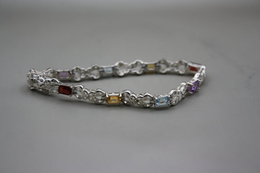 Multi Color Gemstone Sterling Silver Tennis Bracelet