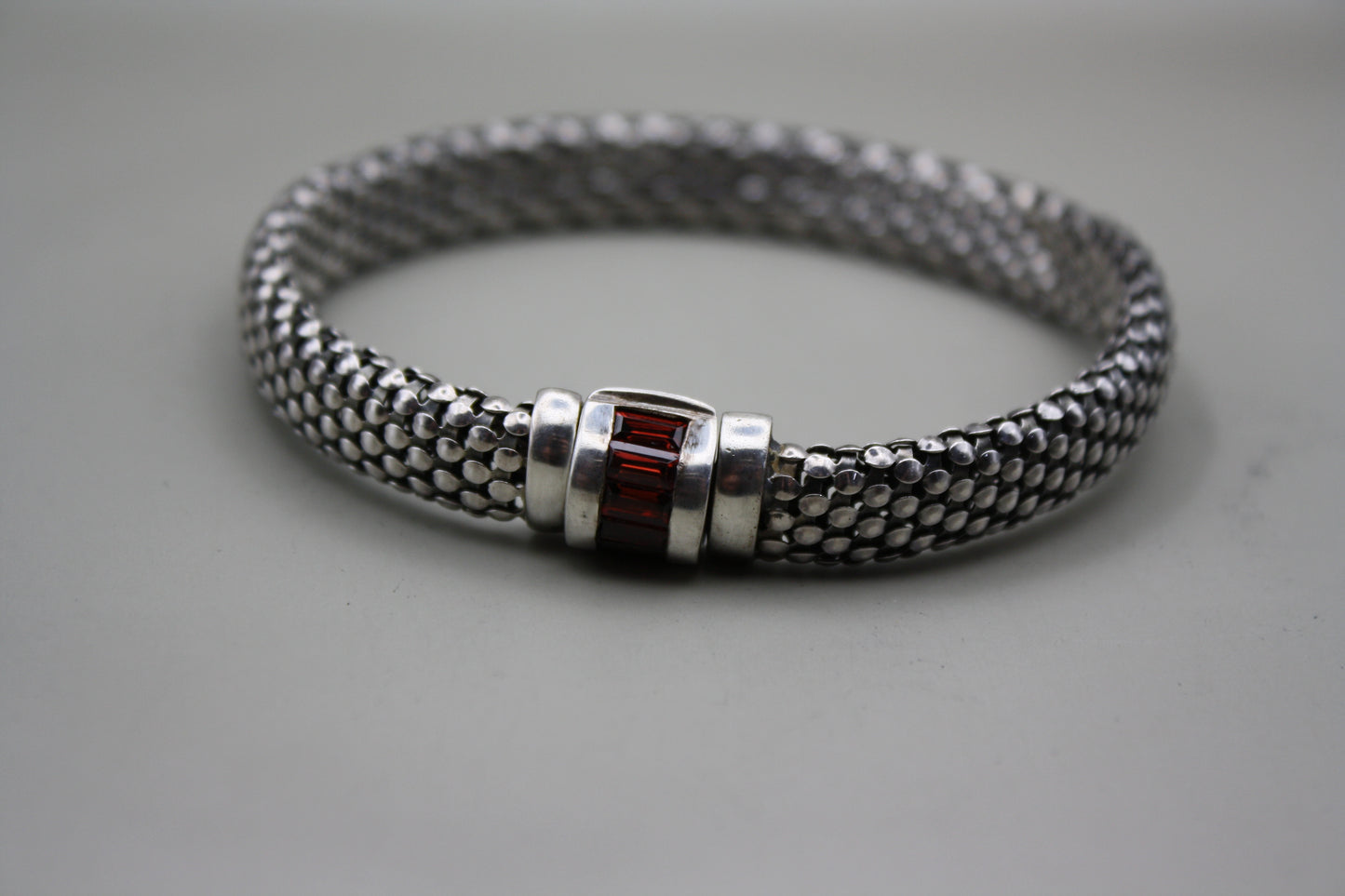 Baguette Garnet Clasp Sterling Silver Braided Chain Bracelet