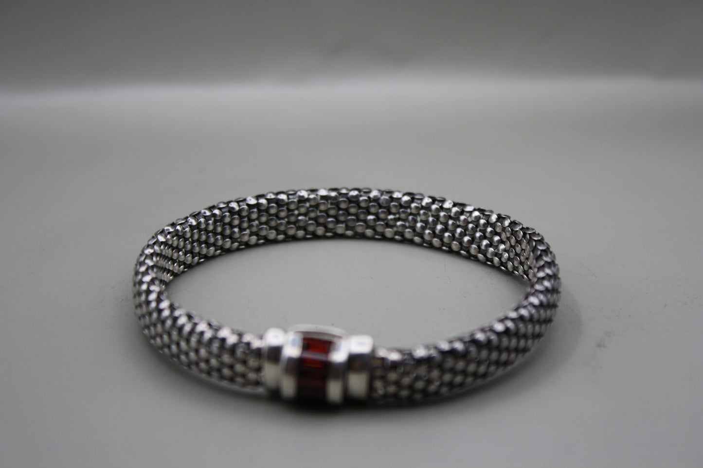 Baguette Garnet Clasp Sterling Silver Braided Chain Bracelet