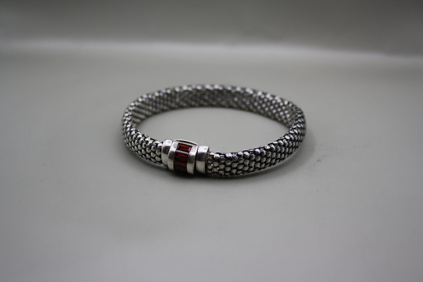 Baguette Garnet Clasp Sterling Silver Braided Chain Bracelet