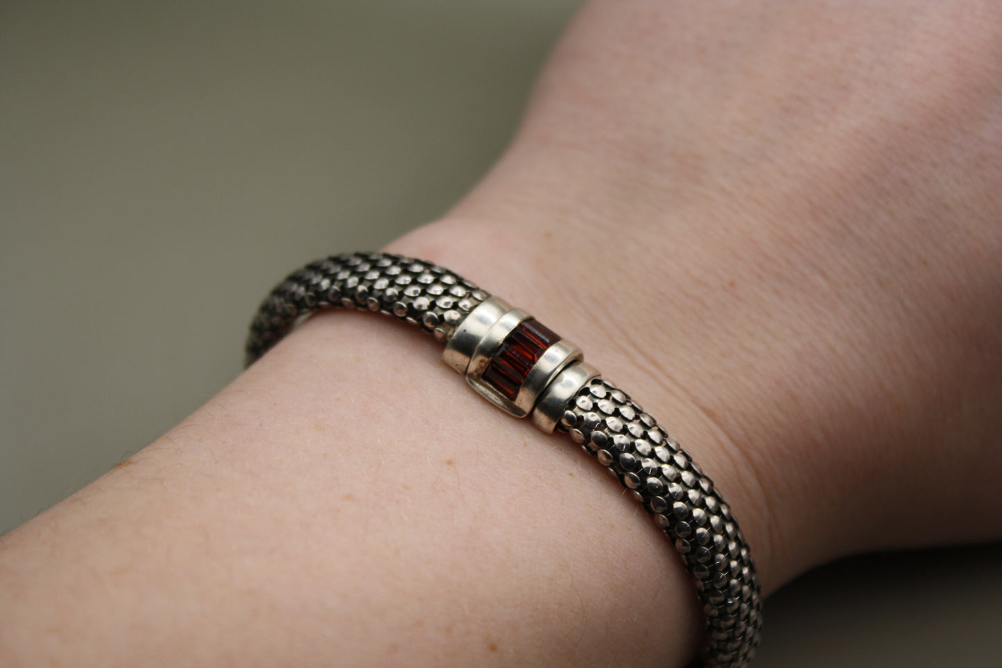 Baguette Garnet Clasp Sterling Silver Braided Chain Bracelet