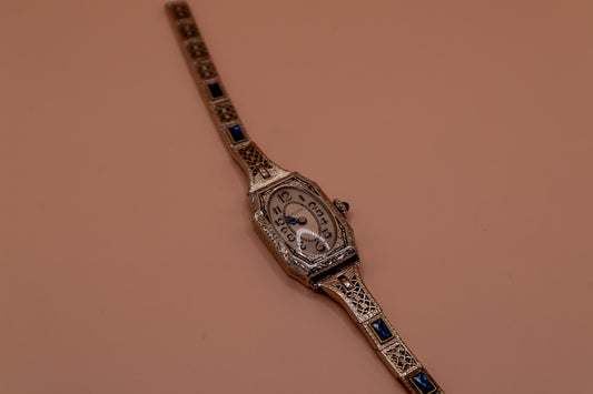 Antique 1920s Art Deco Gruen Heavy 14K White Gold-Fill Simulated Sapphire Filigree Watch