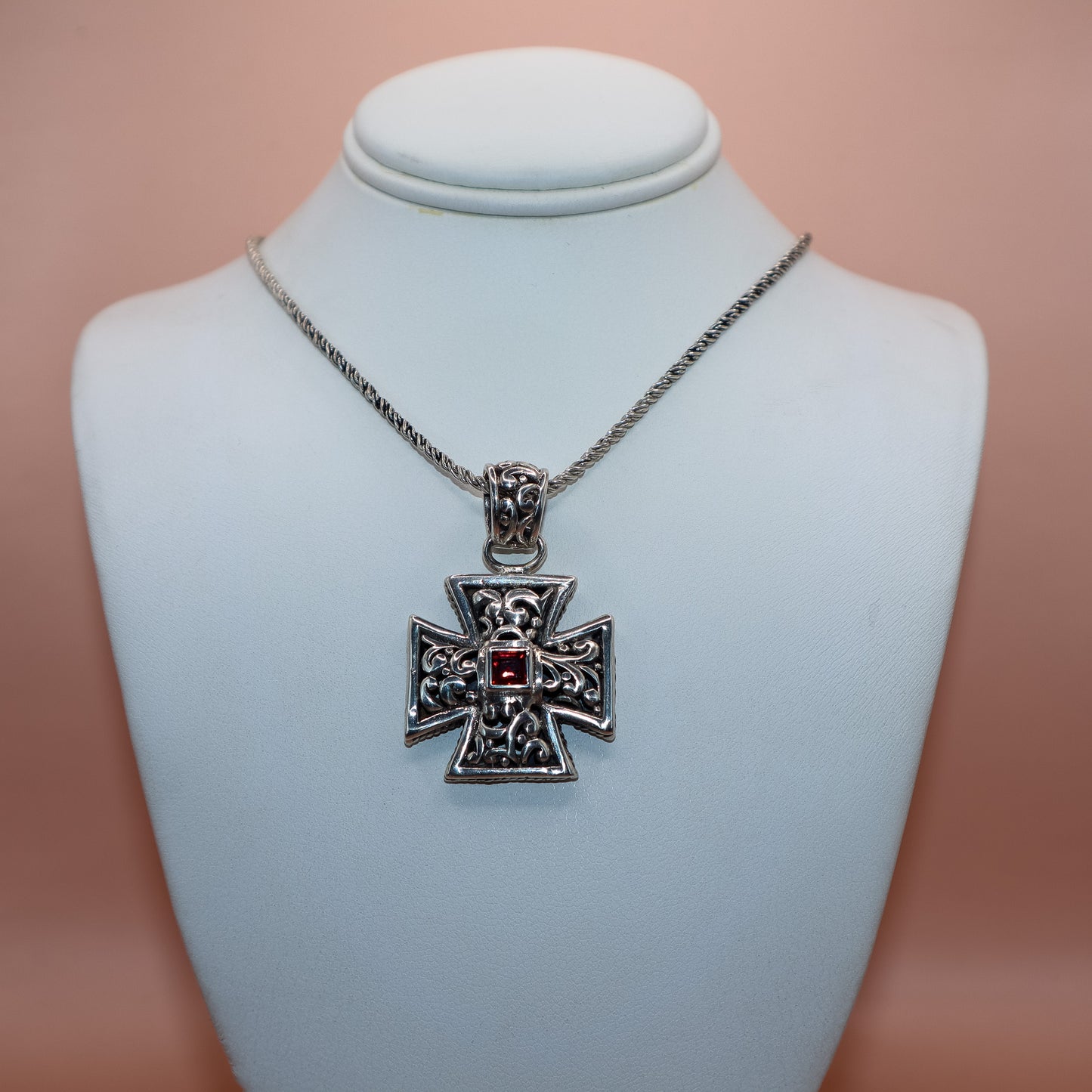 Vintage Barse 925 Sterling Silver Maltese Cross Garnet Necklace & earrings