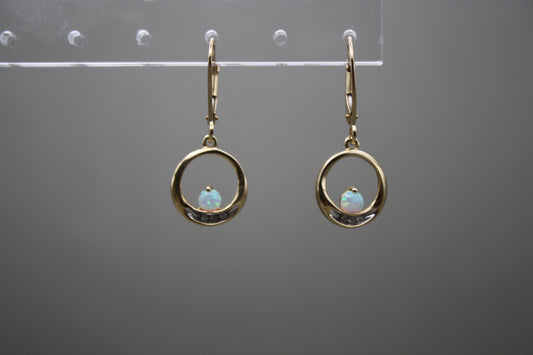 10k Yellow Gold Drop Earrings Opal and Diamonds