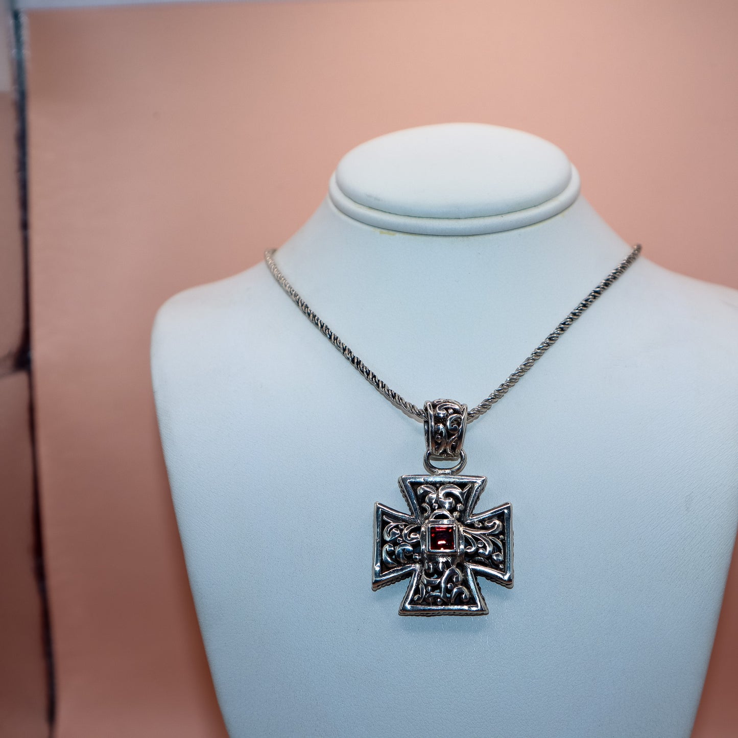Vintage Barse 925 Sterling Silver Maltese Cross Garnet Necklace & earrings