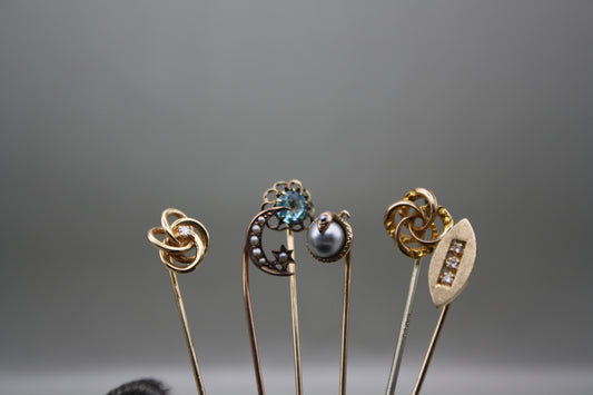 Vintage Hat Pin Collection: Antique Gold Stick Pins with Intriguing Designs