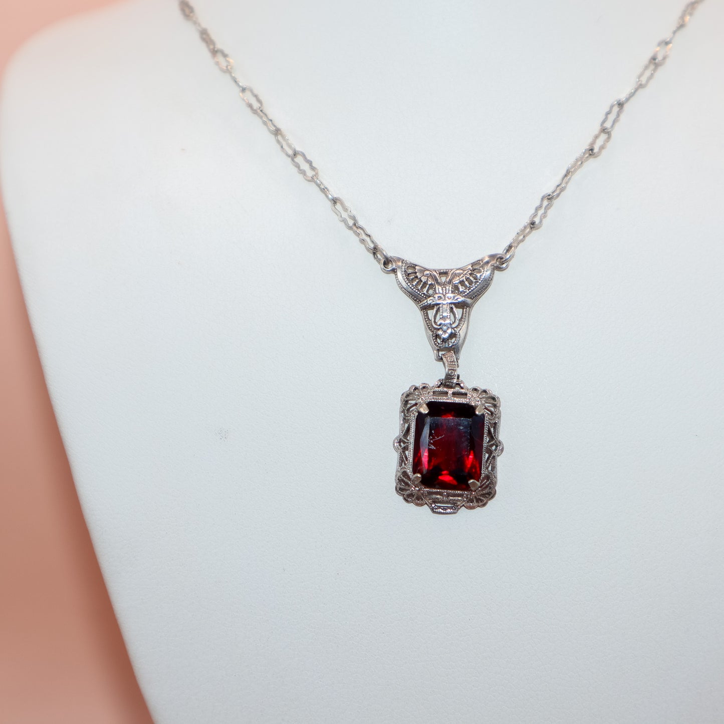 Vintage Art Deco Sterling Silver Filigree Necklace with Lab Ruby