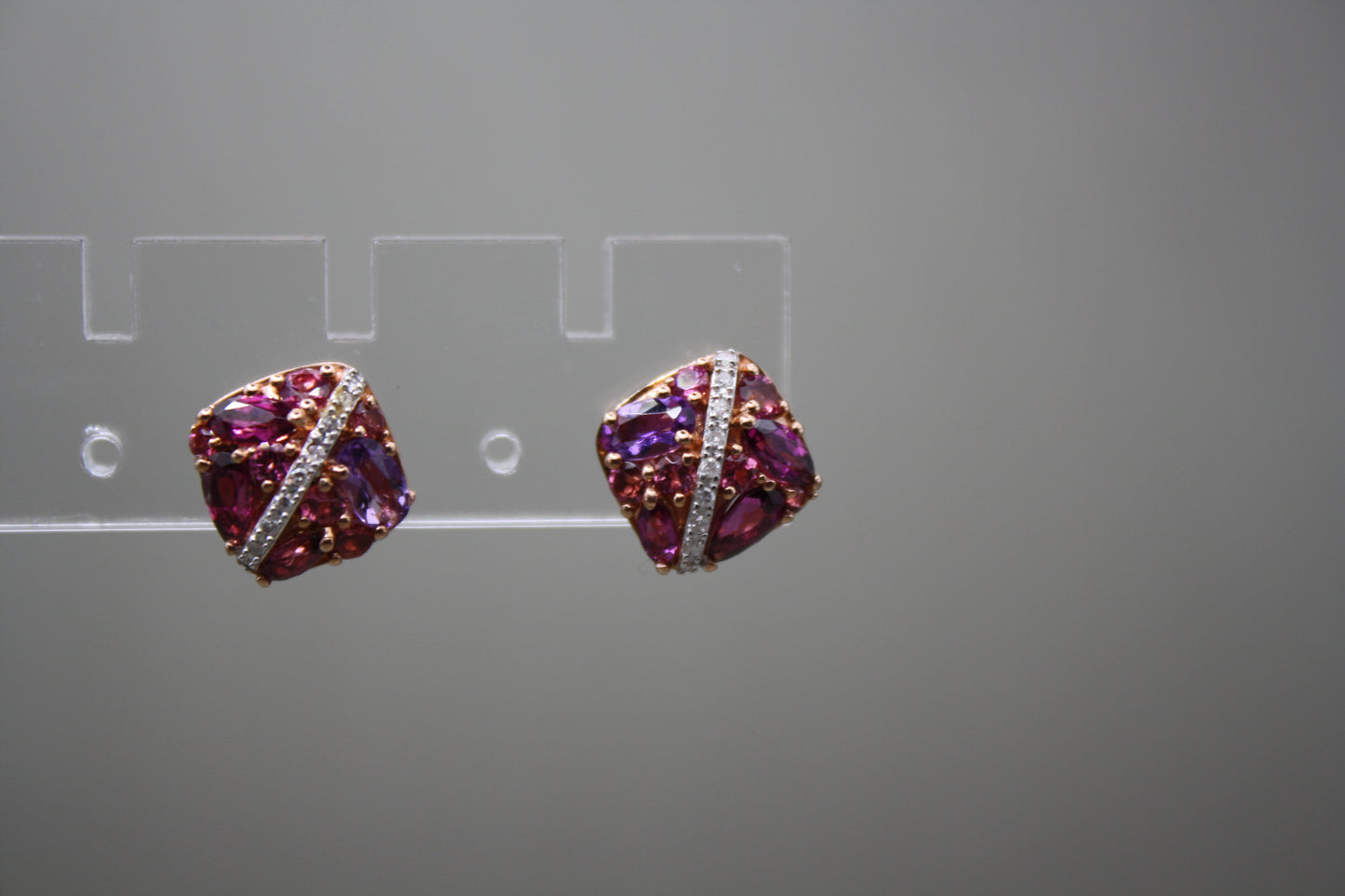 10K Rose Gold Tourmaline, Garnet, Amethyst & Diamond Stud Earrings